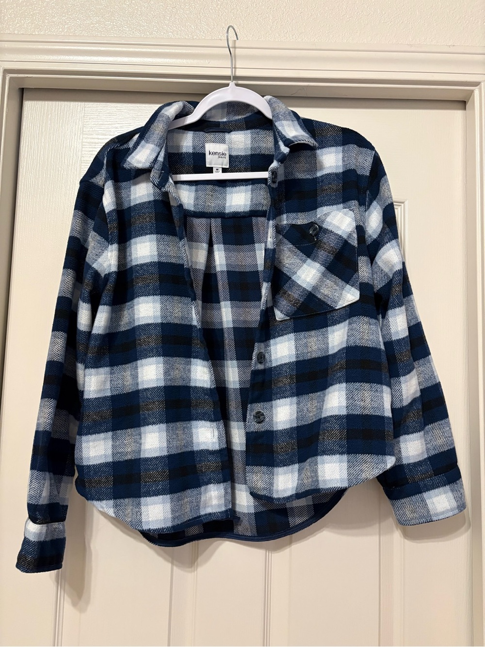 Kensie Blue and White Plaid Button-Up Jacket